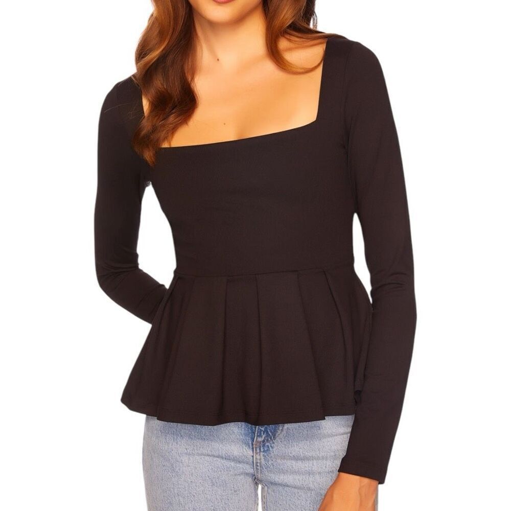 NEW Susana Monaco Square Neck Long Sleeve‎ Peplum Top Black Small